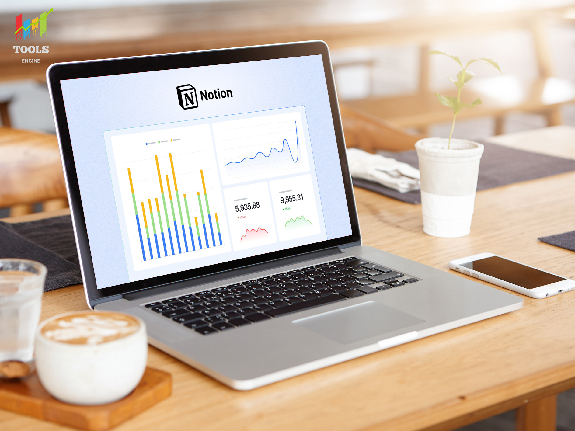 tools engine featured image—a laptop with a notion dashboard on display.
